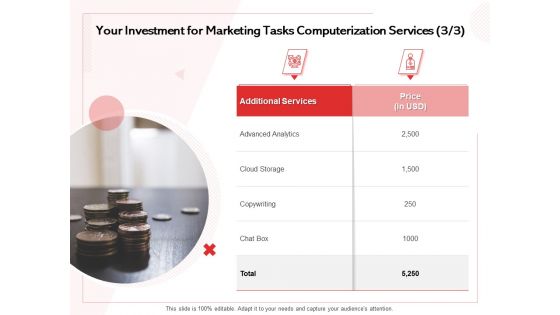 Transforming Marketing Services Through Automation Proposal Your Investment For Marketing Tasks Computerization Services Themes PDF Transforming Marketing Services Through Automation Proposal Your Investment For Marketing Tasks Computerization Services Themes PDF