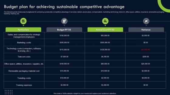 Transforming Sustainability Into Competitive Budget Plan For Achieving Sustainable Competitive Infographics PDF