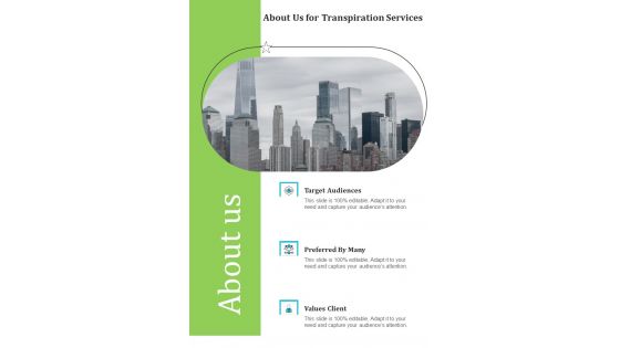 Transpiration Services About Us One Pager Sample Example Document Transpiration Services About Us One Pager Sample Example Document