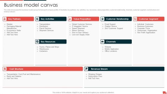 Transportation And Logistics Services Company Profile Business Model Canvas Template PDF