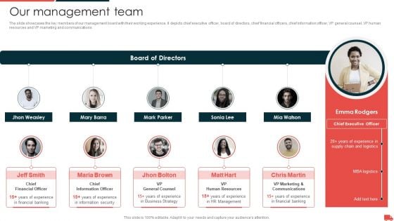 Transportation And Logistics Services Company Profile Our Management Team Themes PDF Transportation And Logistics Services Company Profile Our Management Team Themes PDF
