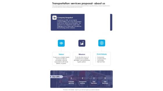 Transportation Services Proposal About Us One Pager Sample Example Document