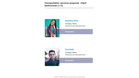 Transportation Services Proposal Client Testimonials One Pager Sample Example Document