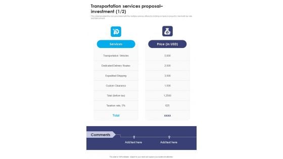 Transportation Services Proposal Investment One Pager Sample Example Document