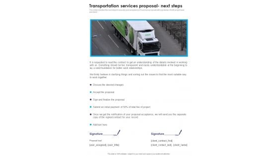 Transportation Services Proposal Next Steps One Pager Sample Example Document