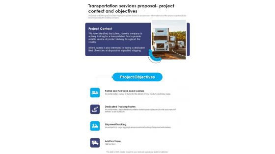 Transportation Services Proposal Project Context And Objectives One Pager Sample Example Document