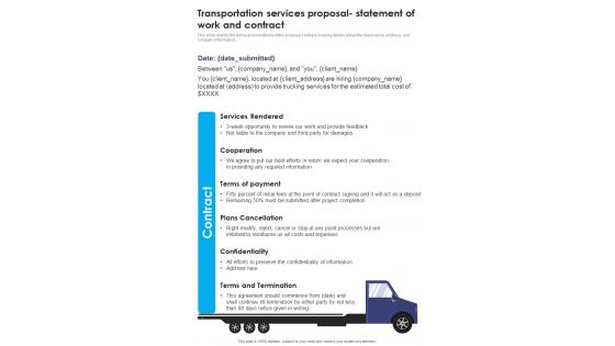Transportation Services Proposal Statement Of Work And Contract One Pager Sample Example Document