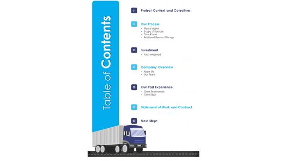 Transportation Services Proposal Table Of Contents One Pager Sample Example Document