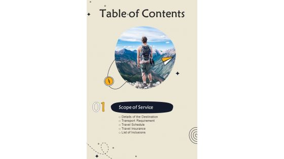 Travel Agency Proposal For Business Association Table Of Contents One Pager Sample Example Document