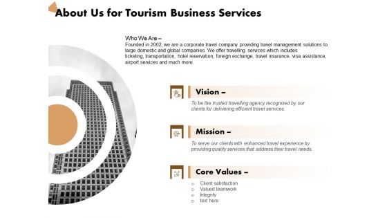 Travel And Leisure Commerce Proposal About Us For Tourism Business Services Ppt Styles Outfit PDF