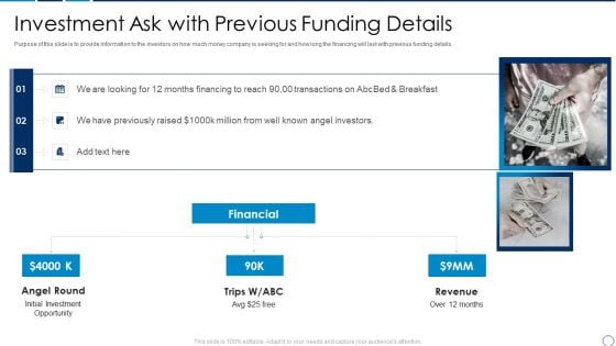 Travel And Tour Operator Startup Company Investor Financing Pitch Deck Investment Ask With Previous Icons PDF