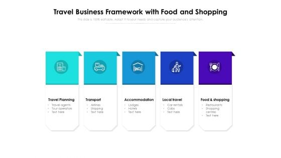 Travel Business Framework With Food And Shopping Ppt PowerPoint Presentation Gallery Design Templates PDF