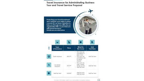 Travel Insurance For Administrating Business Tour And Travel Service Proposal One Pager Sample Example Document Travel Insurance For Administrating Business Tour And Travel Service Proposal One Pager Sample Example Document