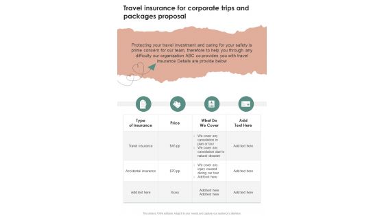 Travel Insurance For Corporate Trips And Packages Proposal One Pager Sample Example Document