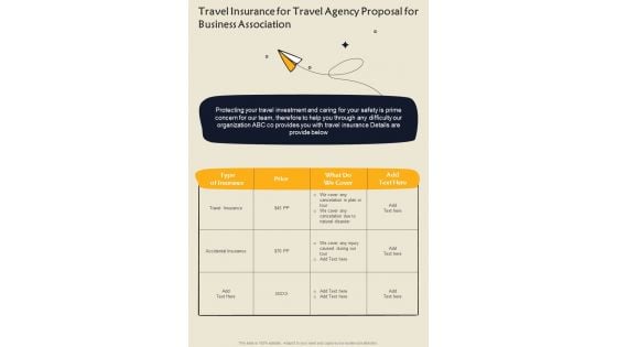 Travel Insurance For Travel Agency Proposal For Business Association One Pager Sample Example Document Travel Insurance For Travel Agency Proposal For Business Association One Pager Sample Example Document