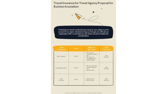 Travel Insurance For Travel Agency Proposal For Business Association One Pager Sample Example Document