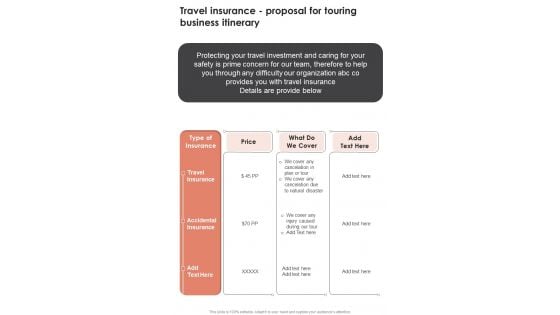 Travel Insurance Proposal For Touring Business Itinerary One Pager Sample Example Document Travel Insurance Proposal For Touring Business Itinerary One Pager Sample Example Document