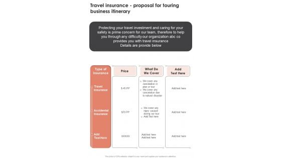 Travel Insurance Proposal For Touring Business Itinerary One Pager Sample Example Document