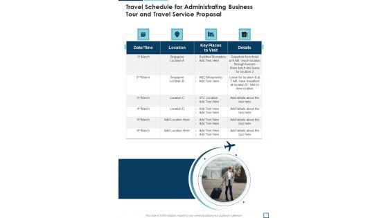 Travel Schedule For Administrating Business Tour And Travel Service Proposal One Pager Sample Example Document Travel Schedule For Administrating Business Tour And Travel Service Proposal One Pager Sample Example Document