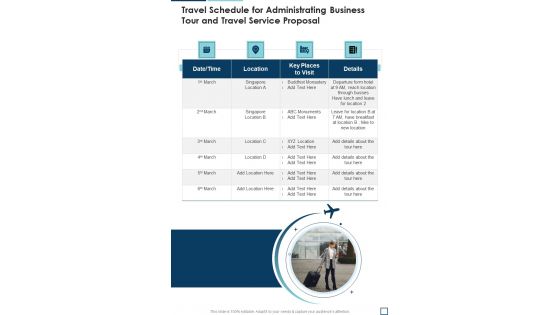 Travel Schedule For Administrating Business Tour And Travel Service Proposal One Pager Sample Example Document