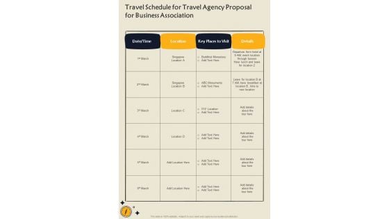 Travel Schedule For Travel Agency Proposal For Business Association One Pager Sample Example Document Travel Schedule For Travel Agency Proposal For Business Association One Pager Sample Example Document