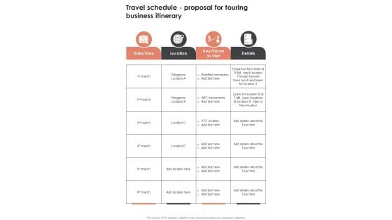 Travel Schedule Proposal For Touring Business Itinerary One Pager Sample Example Document