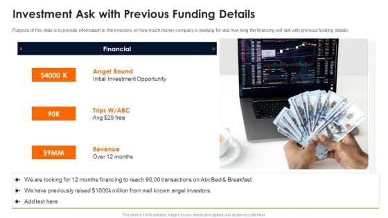 Travelling Platform Capital Funding Pitch Deck Investment Ask With Previous Funding Details Inspiration PDF