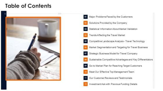 Travelling Platform Capital Funding Pitch Deck Table Of Contents Brochure PDF