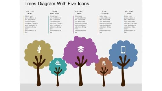 Trees Diagram With Five Icons Powerpoint Template