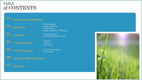 Turf Preservation Proposal Table Of Contents Ppt Portfolio Design Ideas PDF