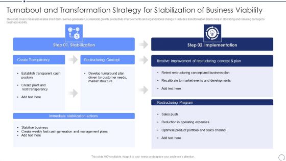 Turnabout And Transformation Strategy For Stabilization Of Business Viability Portrait PDF