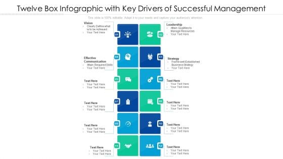 Twelve Box Infographic With Key Drivers Of Successful Management Ppt PowerPoint Presentation File Shapes PDF