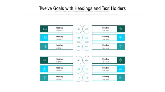 Twelve Goals With Headings And Text Holders Ppt PowerPoint Presentation File Backgrounds PDF