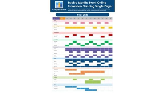 Twelve Months Event Online Promotion Planning Single Pager PDF Document PPT Template