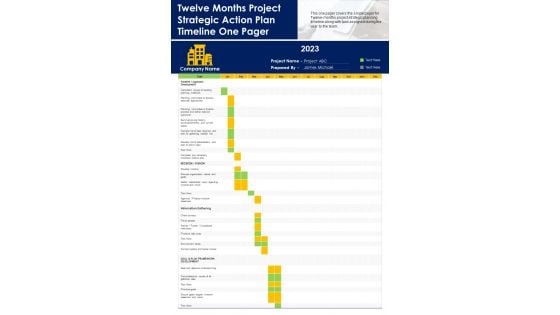 Twelve Months Project Strategic Action Plan Timeline One Pager PDF Document PPT Template