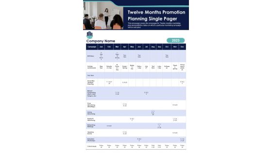Twelve Months Promotion Planning Single Pager PDF Document PPT Template