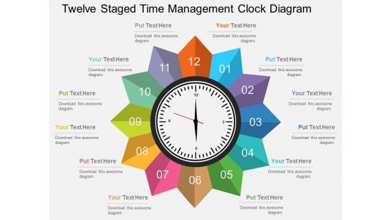 Twelve Staged Time Management Clock Diagram Powerpoint Template