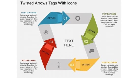 Twisted Arrows Tags With Icons Powerpoint Template