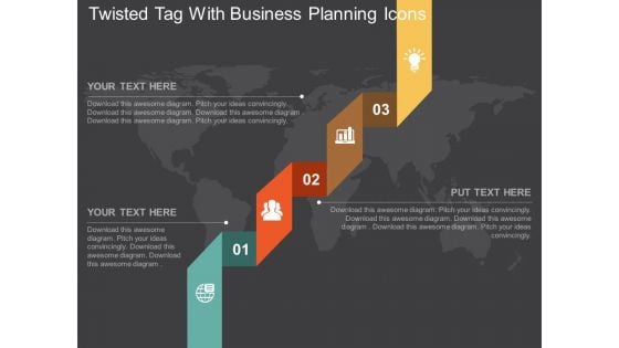 Twisted Tag With Business Planning Icons Powerpoint Template