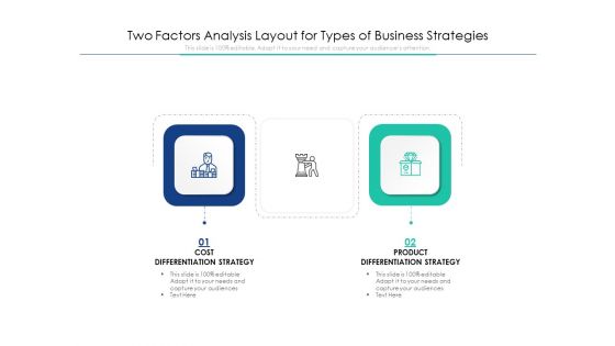 Two Factors Analysis Layout For Types Of Business Strategies Ppt PowerPoint Presentation Portfolio Inspiration PDF