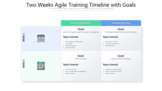 Two Weeks Agile Training Timeline With Goals Ppt PowerPoint Presentation Background PDF