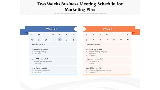 Two Weeks Business Meeting Schedule For Marketing Plan Ppt PowerPoint Presentation Slides Summary PDF