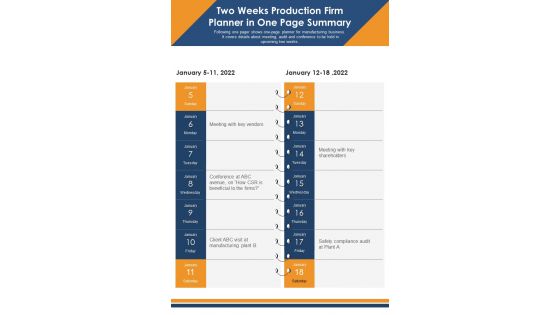Two Weeks Production Firm Planner In One Page Summary PDF Document PPT Template
