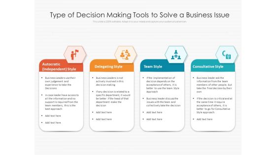 Type Of Decision Making Tools To Solve A Business Issue Ppt PowerPoint Presentation Infographics Rules PDF