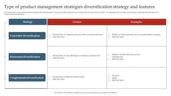 Type Of Product Management Strategies Diversification Strategy And Features Ppt Outline Show PDF