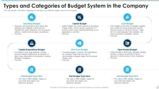 Types And Categories Of Budget System In The Company Summary PDF