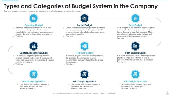 Types And Categories Of Budget System In The Company Summary PDF