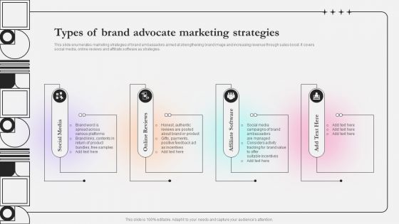 Types Of Brand Advocate Marketing Strategies Ppt Pictures Elements PDF