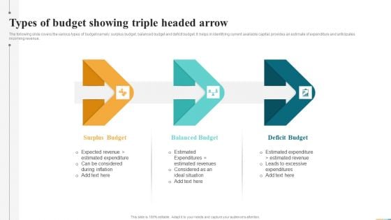 Types Of Budget Showing Triple Headed Arrow Ppt Infographics Good PDF