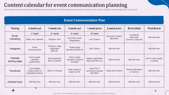 Types Of Corporate Communication Techniques Content Calendar For Event Communication Planning Formats PDF